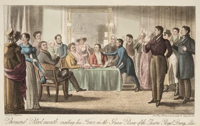 Bernard Blackmantle lendo sua farsa na Sala Verde do Covent Garden Theatre, do The English Spy, pub. 1824 (gravura colorida à mão)