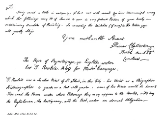 Parte de uma carta de Thomas Chatterton a Horace Walpole, final do século XVIII, 1840