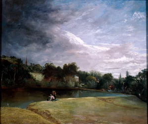 Meninos pescando em um reservatório perto de Hampstead.