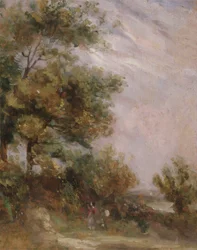 Paisagem com árvores e figuras (frente) (óleo no painel)