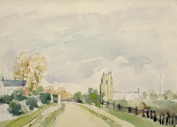 Suffolk Landscape, uma estrada larga com uma pequena casa, uma igreja e árvores