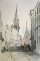 Vista ao longo da Lombard Street, olhando para o leste, com figuras e carruagens, City of London, 1851
