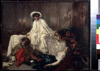 ""Depois do baile de máscaras"" (Depois do baile de máscaras) Ao final da festa, quatro personagens disfarçados caíram ou se espreguiçaram no final de uma noite animada. Pintura de Thomas Couture (1815-1879) por volta de 1850 Museu Pushkin, Moscou