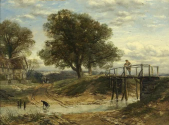 Paisagem com riacho, ponte e casa de campo (óleo sobre painel)