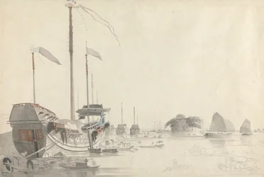 Barcos perto de um forte holandês Folly Fort, Cantão