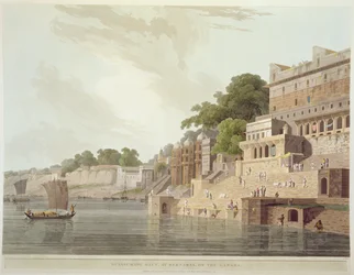 Dusasumade Gaut, em Benares, no rio Ganges, de "Cenário Oriental: vinte e quatro vistas no Hindoostan", 1796