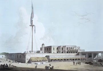 A Casa do Governo, Fort St. George, placa 35 de "Cenário Oriental: Vinte e quatro vistas no Hindoostan", gravada por Thomas e William (1769-1837) Daniell, 1798