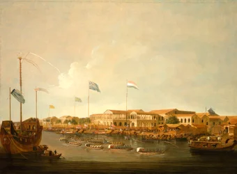 Os Hongs em Canton, a sudeste, com uma regata no rio Pérola