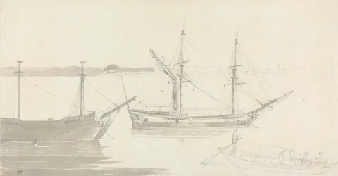 Dois navios amarrados e um barco de pesca