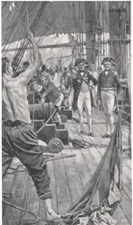 Içando o sinal famoso, ilustração de "Batalhas britânicas na terra e no mar", publicado por Cassell, Londres, c.1910