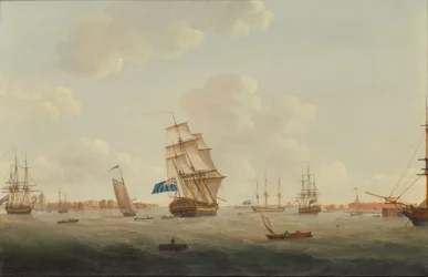 Uma panorâmica do porto de Portsmouth com homens de guerra e outros navios