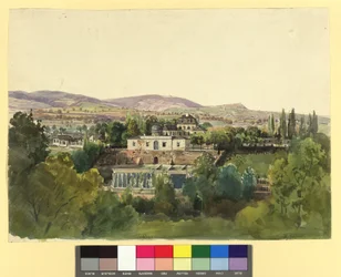 Vista de Döbling sobre o Kahlengebirge e a villa do barão Johann von Lang (Nußwaldgasse 19 ou 22)