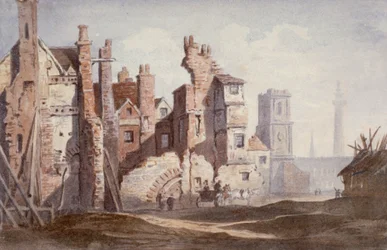Demolição de casas antigas perto de Walbrook para abrir caminho para King William Street, City of London, 1834.