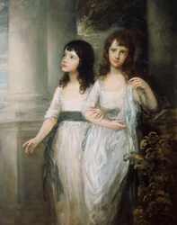 Um retrato de grupo das senhoras Sloper, ambos de pé quase todo em vestidos brancos com faixas azuis,