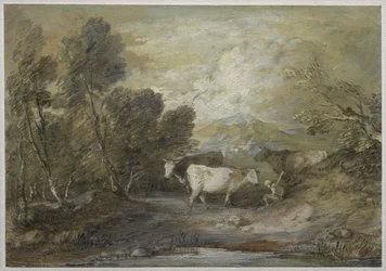 Um pastor com três vacas em uma piscina de montanha, em meados da década de 1780.