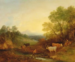 Uma paisagem com gado e figuras por um riacho e uma ponte distante, c.1772-4 (óleo sobre tela)