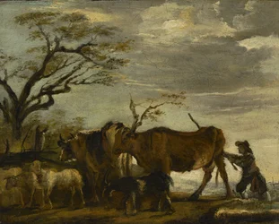 Um camponês dirigindo gado, ovelhas e cabras em uma paisagem, c.1785