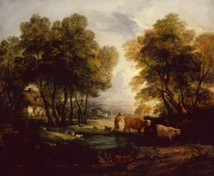 Uma paisagem arborizada com pastor, vacas e ovelhas perto de uma piscina (óleo)