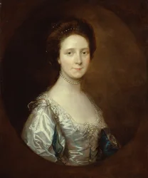Elizabeth Parry vestindo um vestido branco e mangas cortadas azuis (óleo sobre tela)