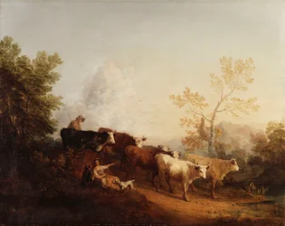 Tarde; Uma paisagem com gado voltando para casa,