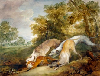 Galgos a correr com uma raposa (óleo sobre tela)