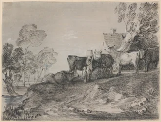 Paisagem com gado por uma casa de campo