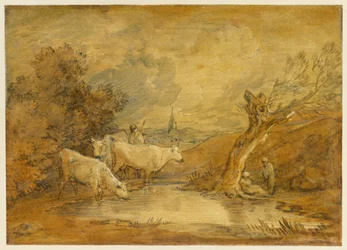 Landschaft mit Figuren, Hirte und Vieh an einem Teich, und ferne Kirche