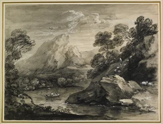 Paisagem montanhosa com um barco no lago, 1777-80