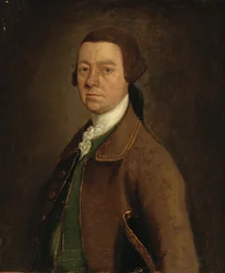 Retrato de Sir Francis Skipwith, meio comprimento, com um casaco marrom e colete verde com um chapéu debaixo do braço esquerdo