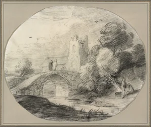 Paisagem fluvial com uma ponte e uma igreja