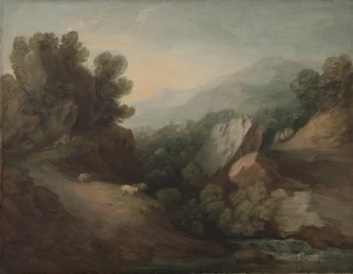 Paisagem rochosa e arborizada com um Dell e Weir, c.1782-83