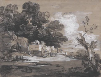 Paisagem arborizada com carro de campo e figuras