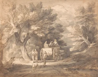 Paisagem arborizada com carro de campo e figuras caminhando por uma faixa de rodagem