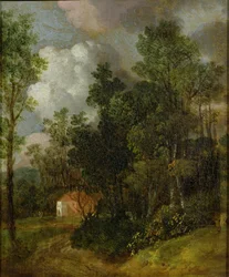 Paisagem arborizada com casa de campo e duas figuras, c.1752 (óleo sobre tela colocado sobre tela)