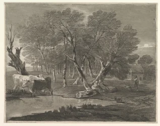 Paisagem arborizada com vacas ao lado de uma piscina, figuras e casa de campo, 1775-80.