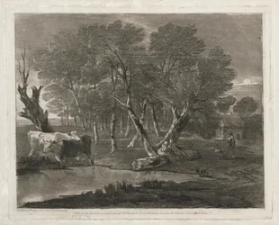 Paisagem arborizada com vacas ao lado de uma piscina, figuras e chalé, publicado em 1797.