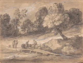 Paisagem arborizada com figuras a cavalo Atravessar uma ponte