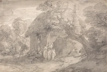 Paisagem arborizada com figuras fora de uma porta de casa de campo