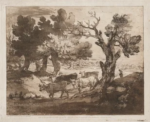 Paisagem arborizada com pastor e vacas