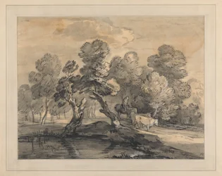 Paisagem arborizada com Pastor e vacas