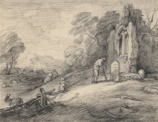 Paisagem arborizada com um camponês a ler uma inscrição numa lápide junto a uma igreja em ruínas, figuras, burro, ovelhas e montanhas distantes