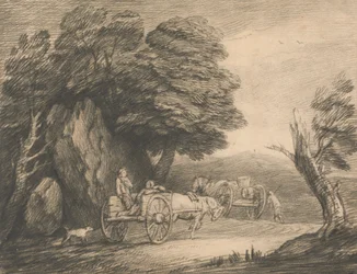 Paisagem arborizada com dois carrinhos de campo e figuras