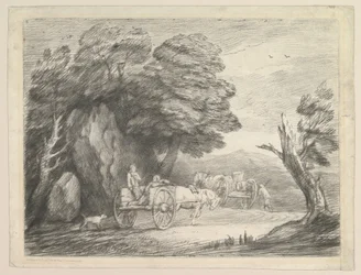 Paisagem arborizada com dois carros e figuras do país, 1º de agosto de 1797.