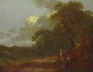 Paisagem arborizada com um homem conversando com duas mulheres sentadas, ca. 1745.