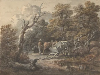 Cena da floresta com um camponês, um cavalo e uma carroça, c. 1760.