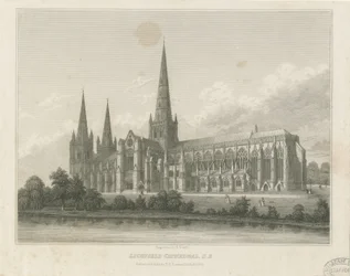 Catedral de Lichfield - Vista sudeste: gravura, nd [c 1833] (impressão)