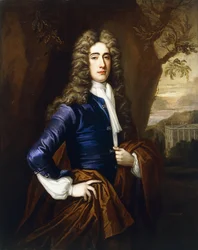 Retrato de um cavalheiro, 37 anos, comprimento de três quartos, com um casaco azul e uma capa marrom, com uma casa no estilo de Smith of Warwick ao fundo, 1710