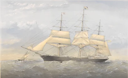 Navio Clipper "South Australia" (1863) no mar perto de uma costa