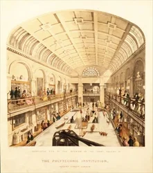 Vista interior da Grande Galeria do Instituto Politécnico, Rua Regent, c.1838 (cor litho)
