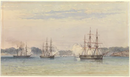 A Guerra da China de 1857, três navios da HM bombardeando e barcos de guerra na costa